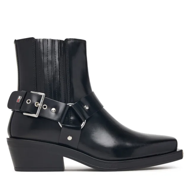 Botki Tommy Jeans Tjw Buckle Leather Cowboy Boots EN0EN03143 Czarny