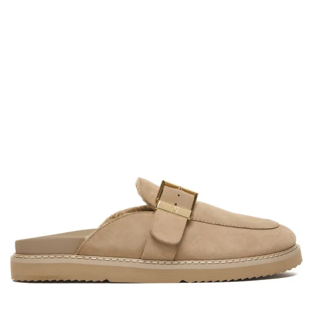 Klapki Tommy Hilfiger Th Buckle Fur Suede Mule FW0FW09083 Beżowy