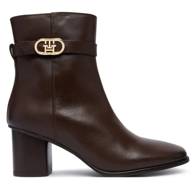 Botki Tommy Hilfiger Th Strap Leather Block Heel Boot FW0FW09488 Brązowy